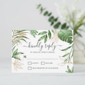 Elegante Tropical Summer Greenerity & Gold Wedding RSVP Karte (Stehend Vorderseite)