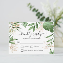 Elegante Tropical Summer Greenerity & Gold Wedding RSVP Karte