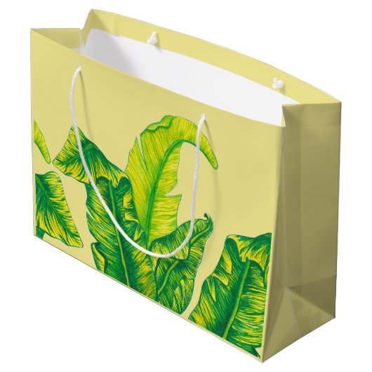 Elegante Tropical Tropicana Gold Blätter & Gelb Große Geschenktüte (Rückseite Schrägansicht)