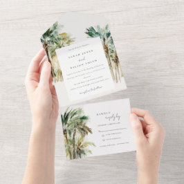 Elegante Tropical Watercolor Palmen Hochzeiten All In One Einladung