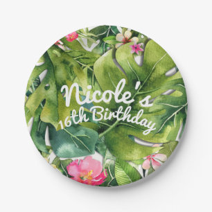 Elegante Tropics Green Blätter Floral Wasserfarbe Pappteller