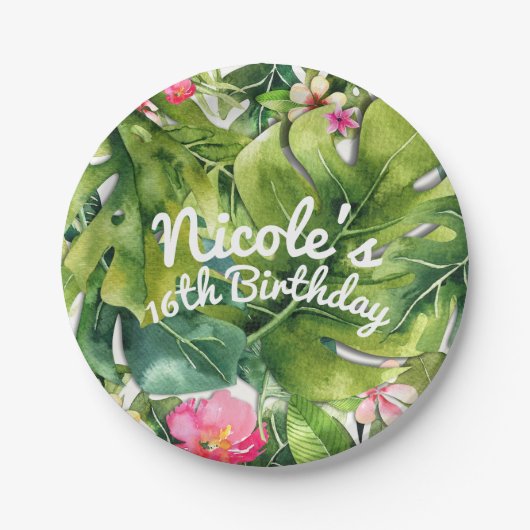 Elegante Tropics Green Blätter Floral Wasserfarbe Pappteller (Vorderseite)