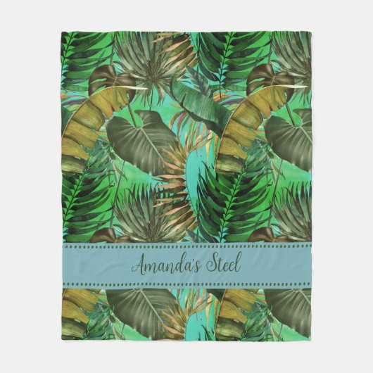 Elegante tropisch-grüne Blätter gelb-blau Fleecedecke (Vorderseite)