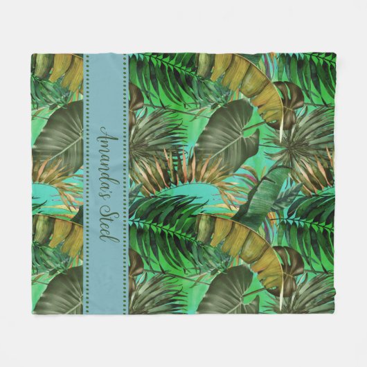 Elegante tropisch-grüne Blätter gelb-blau Fleecedecke (Vorderseite (Horizontal))