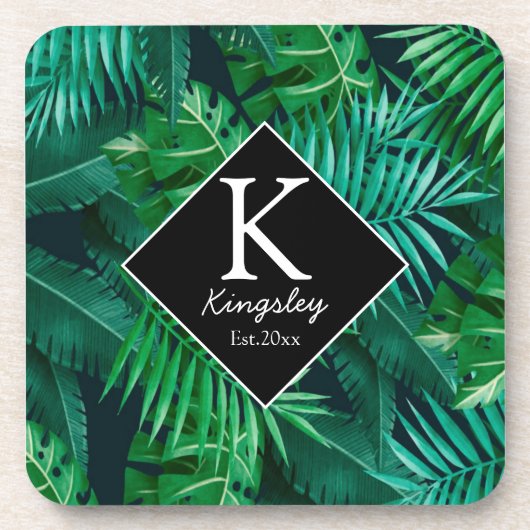 Elegante tropische Blätter Familienname Getränkeuntersetzer (Vorderseite)