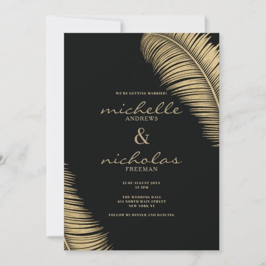 Elegante tropische Blätter in Schwarz und Gold Hoc Einladung (Vorderseite)