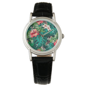 Elegante tropische Blätter und Hibiskus-Blume   Armbanduhr