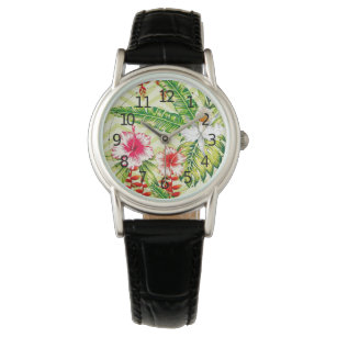 Elegante tropische Blätter und Hibiskus-Blume   Armbanduhr