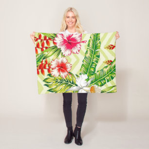 Elegante tropische Blätter und Hibiskus-Blume   Fleecedecke