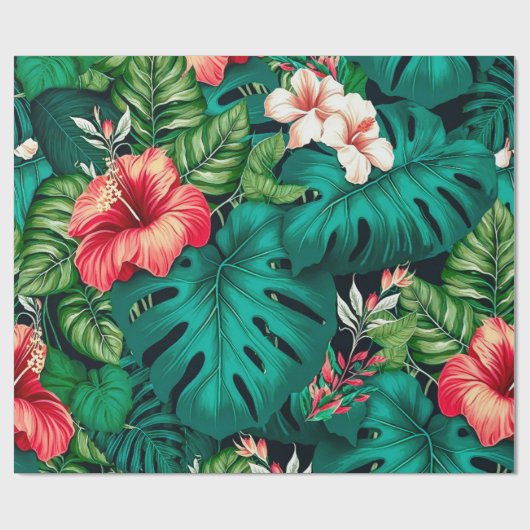 Elegante tropische Blätter und Hibiskus-Blume | Geschenkpapier (Flach)