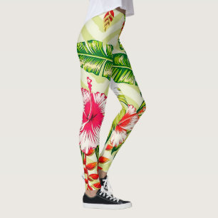 Elegante tropische Blätter und Hibiskus-Blume   Leggings
