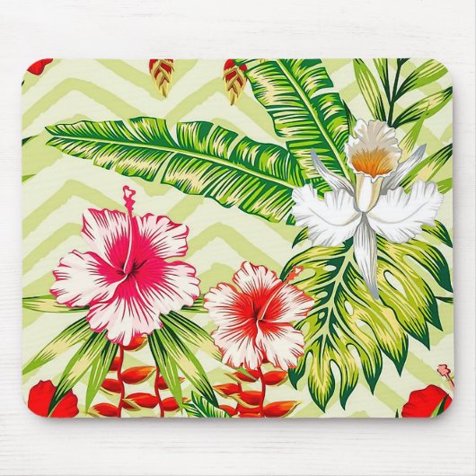 Elegante tropische Blätter und Hibiskus-Blume | Mousepad (Vorne)