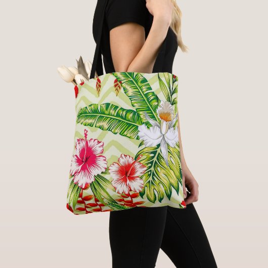 Elegante tropische Blätter und Hibiskus-Blume | Tasche (Von Nahem)