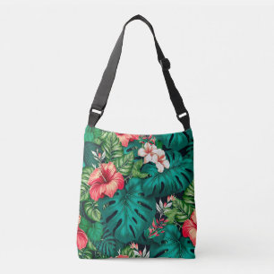 Elegante tropische Blätter und Hibiskus-Blume   Tragetaschen Mit Langen Trägern