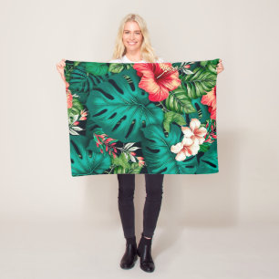 Elegante tropische Blätter und Hibiskusblüten   Fleecedecke