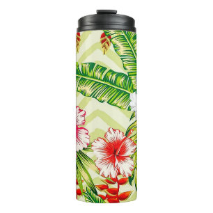 Elegante tropische Blätter und Hibiskusblüten   Thermosbecher