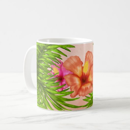 Elegante tropische Blume Rosa Grün-Blätter Kaffeetasse (Vorderseite Links)