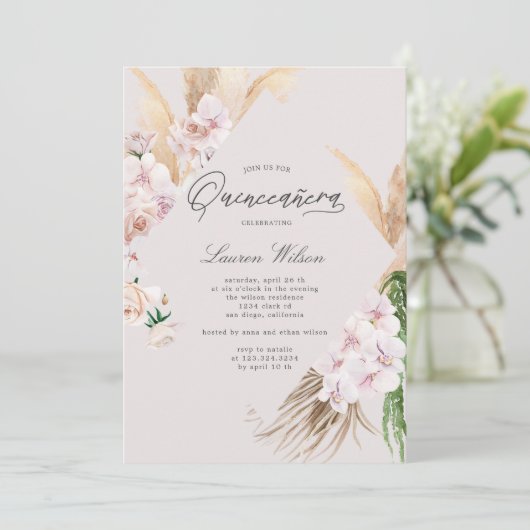 elegante tropische Blumen Quinceanera Einladung (Stehend Vorderseite)