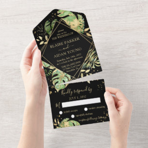 Elegante tropische botanische Schwarz-Gold-Hochzei All In One Einladung
