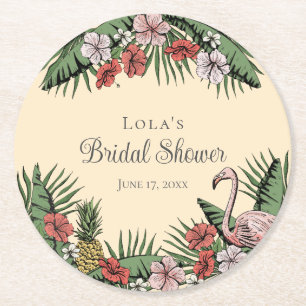 Elegante tropische Flamingo- und Hibiskus-Hochzeit Runder Pappuntersetzer