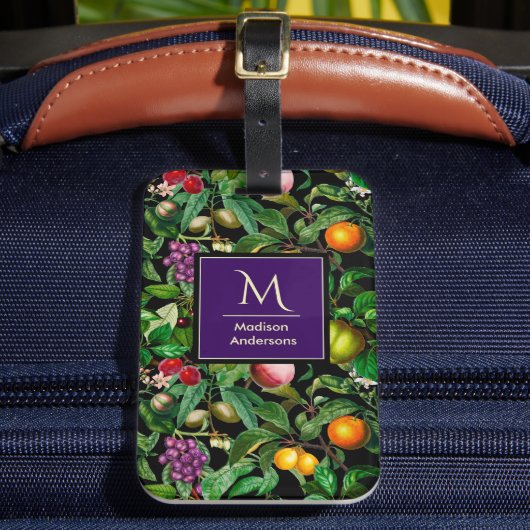 Elegante tropische Früchte schwarzes Muster, Monog Gepäckanhänger (Vorderseite Insitu 2)