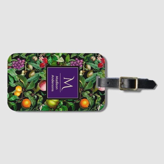 Elegante tropische Früchte schwarzes Muster, Monog Gepäckanhänger (Vorderseite (Horizontal))