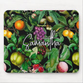 Elegante tropische Früchte schwarzes Muster, Monog Mousepad (Vorne)