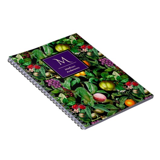 Elegante tropische Früchte schwarzes Muster, Monog Notizblock (Rechte Seite)