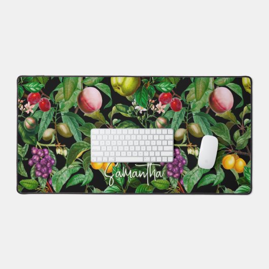 Elegante tropische Früchte schwarzes Muster, Monog Schreibtischunterlage (Tastatur & Maus)