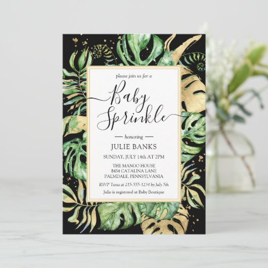 Elegante tropische Geschlechtsneutralsprinkle Einladung (Stehend Vorderseite)