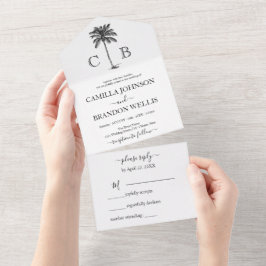 Elegante Tropische Grüne Palmwedel Monogramm Hochz All In One Einladung