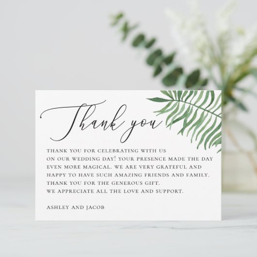 Elegante tropische Vegetation. Palm Blätter Hochze Dankeskarte (Stehend Vorderseite)