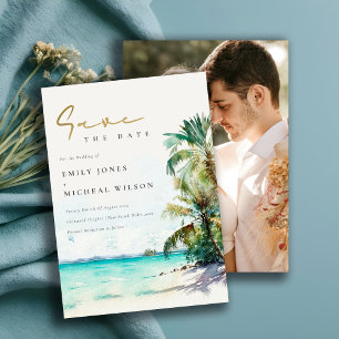 Elegante tropische Wasserfarben-Palmenstrand-Foto Save The Date