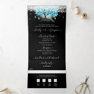 Elegante Türkis-Aquamarin-Herz-Blatt-Baum-Hochzeit Dreifach Gefaltete Einladung