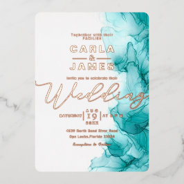 elegante Türkis Blue Alcohol Tinte Gold Hochzeit F Folieneinladung