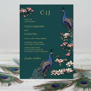 Elegante Türkis-Blumen-Pfau-Hochzeit Folieneinladung
