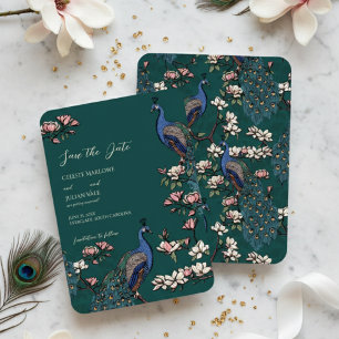 Elegante Türkis-Blumen-Pfau-Hochzeit Save The Date