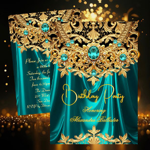 Elegante Türkis-Edelsteine Gold-Spitze Damast Gebu Einladung