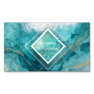 Elegante Türkis Goldene Ozeanwelle Flüssiger Marmo Magnetische Visitenkarte