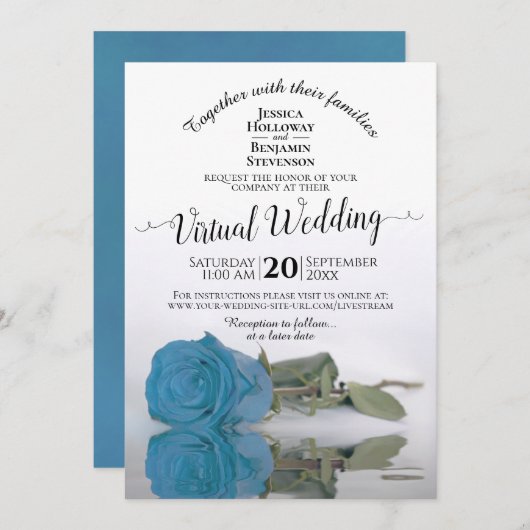 Elegante Türkis oder Sky Blue Rose Virtual Wedding Einladung (Vorne/Hinten)