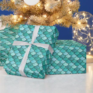 Elegante Türkis Ombre Glitter Meerjungfrau Schuppe Geschenkpapier