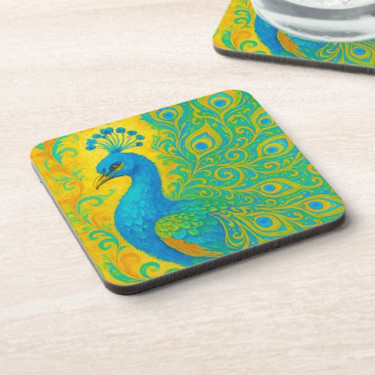 Elegante Türkis Peacock Bird Decorative Getränkeuntersetzer (Linke Seite)