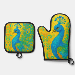 Elegante Türkis Peacock Bird Decorative Ofenhandschuh & Topflappen-Set
