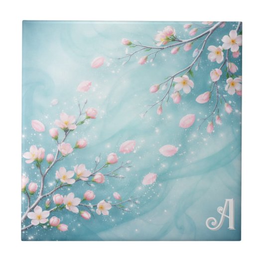 Elegante Türkis Rosa Kirschblüten-Initialen Fliese (Vorderseite)