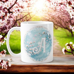 Elegante Türkis Rosa Kirschblüten-Initialen Kaffeetasse
