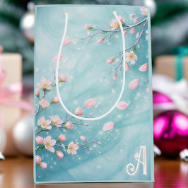 Elegante Türkis Rosa Kirschblüten-Initialen  Mittlere Geschenktüte