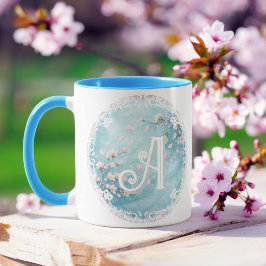 Elegante Türkis Rosa Kirschblüten-Initialen  Tasse