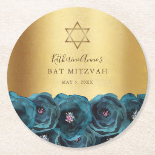 Elegante Türkis-Rosen-Blumen-Gold-Bat-Mizwa Runder Pappuntersetzer