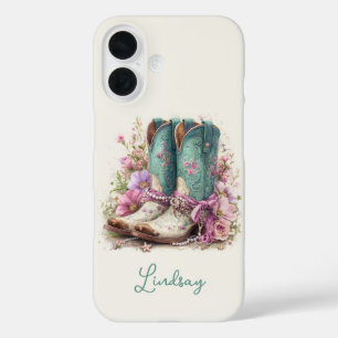 Elegante Türkis-Stiefel mit Blumen monogrammiert iPhone 16 Hülle