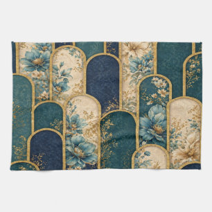 Elegante Türkis- und Gold-Blumen-Bogen-Küchentüche Geschirrtuch